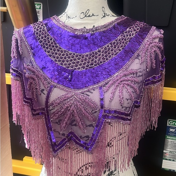 Vintage Accessories - Festival vintage fringe sequin and beaded shawl